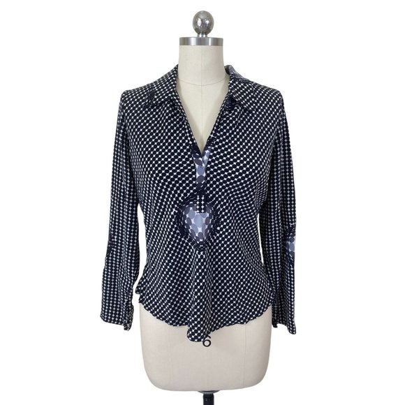 ABS by Allen Schwartz Womens Y2K Top Medium Black Silk Polka Dot Button Down - Picture 1 of 10